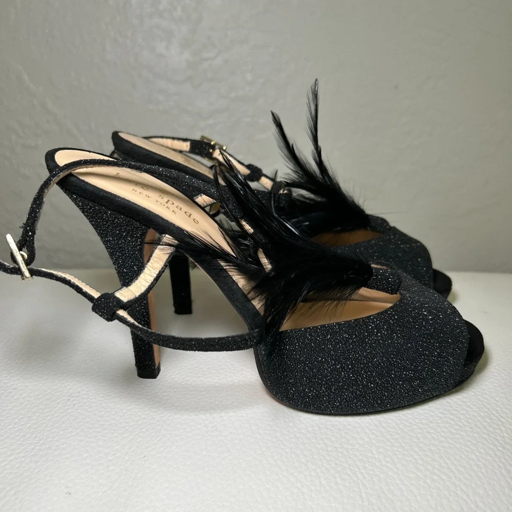 Kate‎ Spade Glitter Feather Black Open Toe Slingback Pumps Heels Size 7